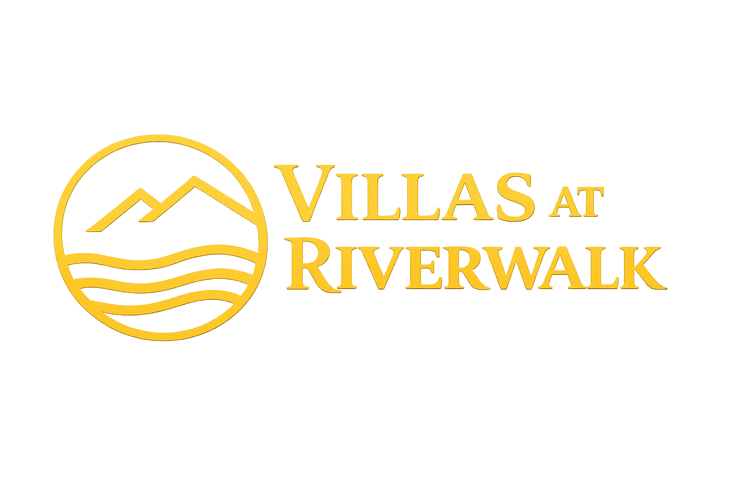 A logo with the text "VILLAS AT RIVERWALK" in front of a mountain and waves.